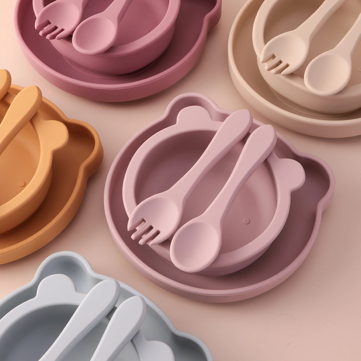 Color Kids 4PCS Silicone Feeding Tableware Set Baby Newborn Items Sucker Dishes Spoon Fork Bowls Food Training Essentials