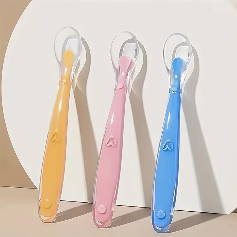 1/2pcs Soft Tip Baby Silicone Spoon with Box, Safe Baby Feeding Spoon, Self Feeding Utensils for Kids Toddlers Training