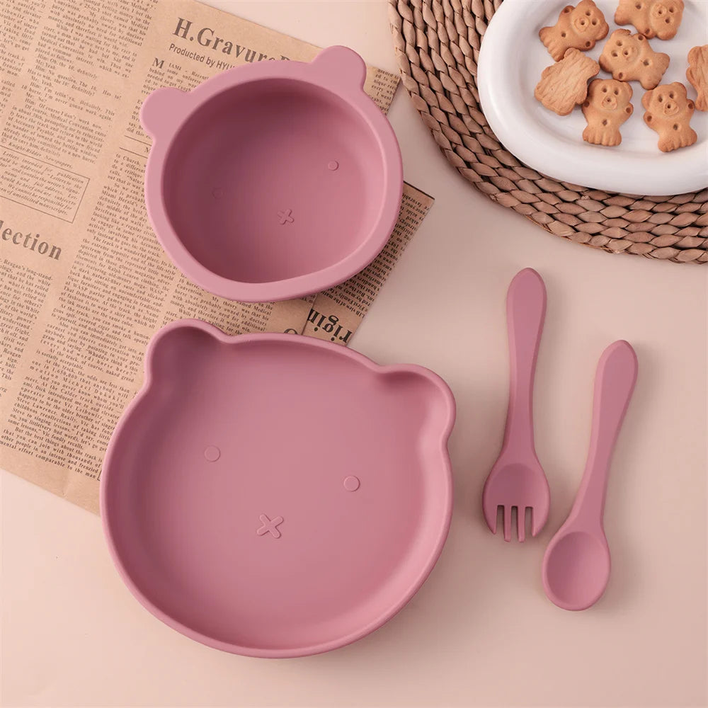 Color Kids 4PCS Silicone Feeding Tableware Set Baby Newborn Items Sucker Dishes Spoon Fork Bowls Food Training Essentials
