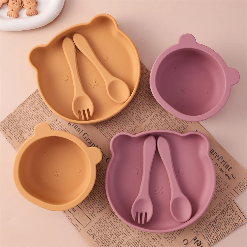 Color Kids 4PCS Silicone Feeding Tableware Set Baby Newborn Items Sucker Dishes Spoon Fork Bowls Food Training Essentials