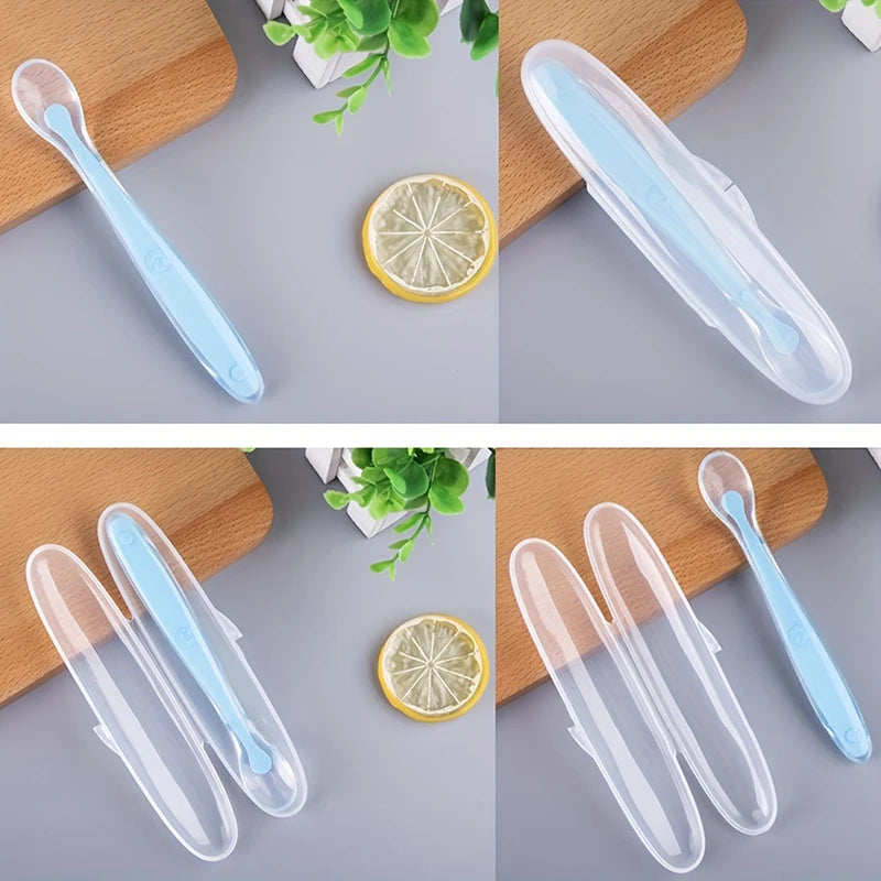 1/2pcs Soft Tip Baby Silicone Spoon with Box, Safe Baby Feeding Spoon, Self Feeding Utensils for Kids Toddlers Training